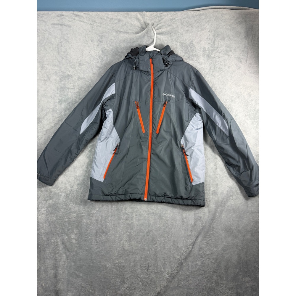 Columbia Mens Medium Gray Orange Ski Jacket Hooded Insulated Gorpcore Utility